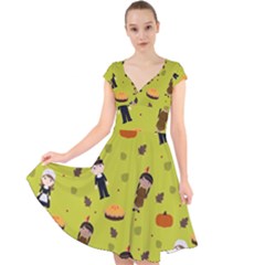 Pilgrims And Indians Pattern - Thanksgiving Cap Sleeve Front Wrap Midi Dress by Valentinaart