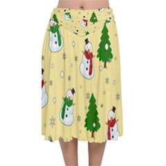 Snowman Pattern Velvet Flared Midi Skirt by Valentinaart