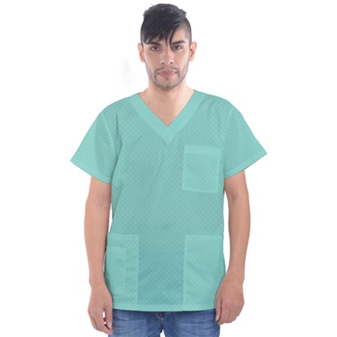 Tiffany Aqua Blue Puffy Quilted Pattern Men s V-neck Scrub Top by PodArtist