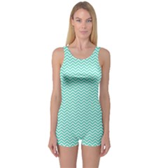 Tiffany Aqua Blue Chevron Zig Zag One Piece Boyleg Swimsuit by PodArtist