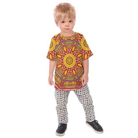 Sunshine Mandala And Other Golden Planets Kids Raglan Tee by pepitasart