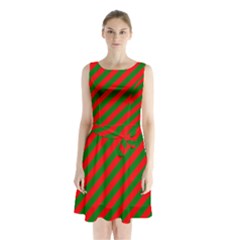 Red And Green Christmas Candycane Stripes Sleeveless Waist Tie Chiffon Dress by PodArtist