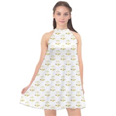 Gold Scales Of Justice On White Repeat Pattern All Over Print Halter Neckline Chiffon Dress  by PodArtist