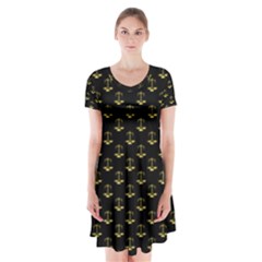 Gold Scales Of Justice On Black Repeat Pattern All Over Print  Short Sleeve V-neck Flare Dress by PodArtist