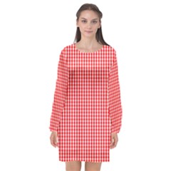 Small Snow White And Christmas Red Gingham Check Plaid Long Sleeve Chiffon Shift Dress  by PodArtist