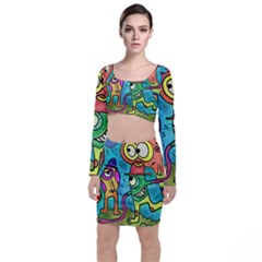 Painting Painted Ink Cartoon Long Sleeve Crop Top & Bodycon Skirt Set by Celenk