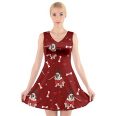 Pug Xmas Pattern V-neck Sleeveless Skater Dress by Valentinaart