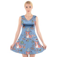 Dog Corgi Pattern V-neck Sleeveless Skater Dress by Celenk