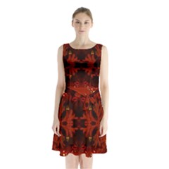 Red Abstract Sleeveless Waist Tie Chiffon Dress by Celenk