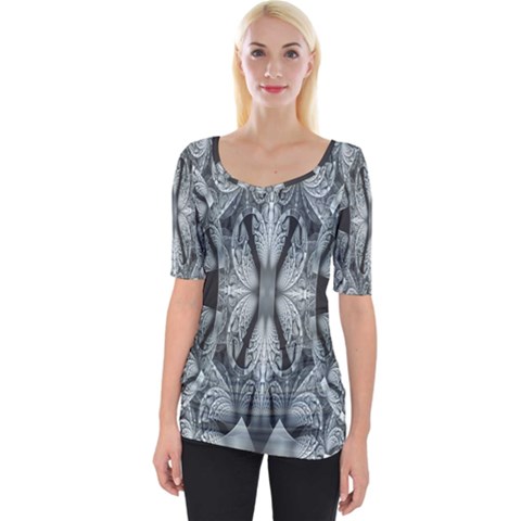 Fractal Blue Lace Texture Pattern Wide Neckline Tee by Celenk