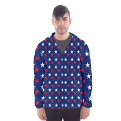 Patriotic Red White Blue Stars Blue Background Hooded Wind Breaker (men) by Celenk