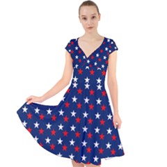 Patriotic Red White Blue Stars Blue Background Cap Sleeve Front Wrap Midi Dress by Celenk