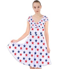 Patriotic Red White Blue Stars Usa Cap Sleeve Front Wrap Midi Dress by Celenk