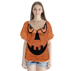 Fabric Halloween Pumpkin Funny V-neck Flutter Sleeve Top by Celenk