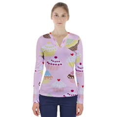 Cupcakes Wallpaper Paper Background V-neck Long Sleeve Top by Celenk