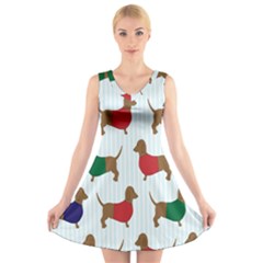 Dachshund Dog Cartoon Art V-neck Sleeveless Skater Dress by Celenk