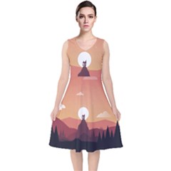 Design Art Hill Hut Landscape V-neck Midi Sleeveless Dress  by Celenk