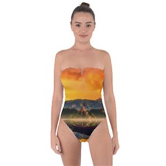 Bled Slovenia Sunrise Fog Mist Tie Back One Piece Swimsuit by BangZart