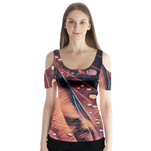 Abstract Wallpaper Images Butterfly Sleeve Cutout Tee  by BangZart