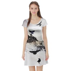 Birds Crows Black Ravens Wing Short Sleeve Skater Dress by BangZart