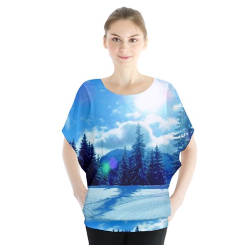 Ski Holidays Landscape Blue Blouse by BangZart