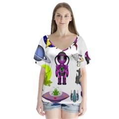 Space Clip Art Aliens Space Craft V-neck Flutter Sleeve Top by Celenk