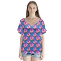 Seamless Flower Pattern Colorful V-Neck Flutter Sleeve Top View1