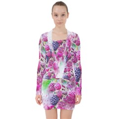 Blackberry Fruit Art Abstract V-neck Bodycon Long Sleeve Dress by Celenk