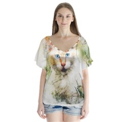 Cat Animal Art Abstract Watercolor V-neck Flutter Sleeve Top by Celenk