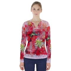 Strawberries Fruit Food Art V-neck Long Sleeve Top by Celenk