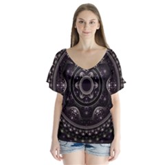 Fractal Mandala Circles Purple V-neck Flutter Sleeve Top by Celenk