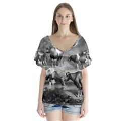 Holstein Fresian Cows Fresian Cows V-neck Flutter Sleeve Top by Celenk