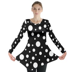 White On Black Polka Dot Pattern Long Sleeve Tunic  by LoolyElzayat