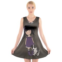 Dolly Girl And Dog V-neck Sleeveless Skater Dress by Valentinaart