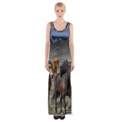 Horses Stampede Nature Running Maxi Thigh Split Dress by Celenk