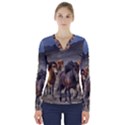 Horses Stampede Nature Running V-Neck Long Sleeve Top View1