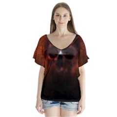 Skull Horror Halloween Death Dead V-neck Flutter Sleeve Top by Celenk