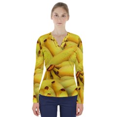 Yellow Banana Fruit Vegetarian Natural V-neck Long Sleeve Top by Celenk