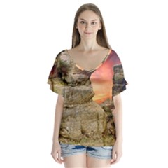 Rocks Landscape Sky Sunset Nature V-neck Flutter Sleeve Top by Celenk