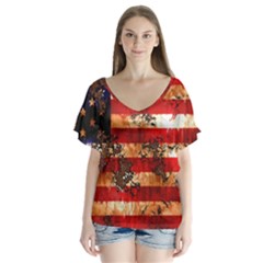 American Flag Usa Symbol National V-neck Flutter Sleeve Top by Celenk