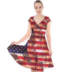 American Flag Usa Symbol National Cap Sleeve Front Wrap Midi Dress by Celenk