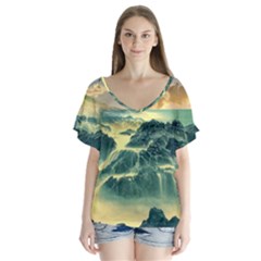 Coastline Sea Nature Sky Landscape V-neck Flutter Sleeve Top by Celenk