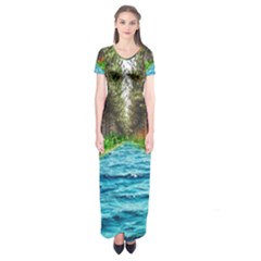 River Forest Landscape Nature Short Sleeve Maxi Dress by Celenk