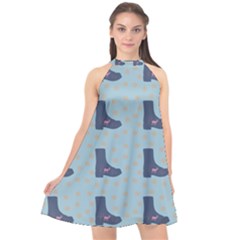 Deer Boots Teal Blue Halter Neckline Chiffon Dress  by snowwhitegirl