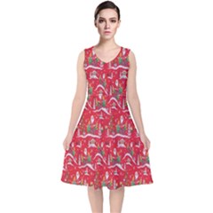 Red Background Christmas V-neck Midi Sleeveless Dress  by Nexatart