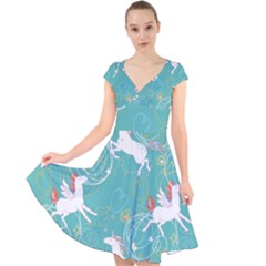 Magical Flying Unicorn Pattern Cap Sleeve Front Wrap Midi Dress by Bigfootshirtshop