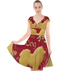 Year Of The Dog - Chinese New Year Cap Sleeve Front Wrap Midi Dress by Valentinaart