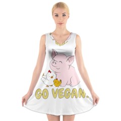 Go Vegan - Cute Pig And Chicken V-neck Sleeveless Skater Dress by Valentinaart