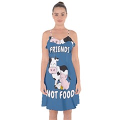 Friends Not Food - Cute Cow, Pig And Chicken Ruffle Detail Chiffon Dress by Valentinaart