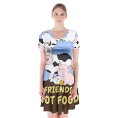 Friends Not Food - Cute Cow, Pig And Chicken Short Sleeve V-neck Flare Dress by Valentinaart